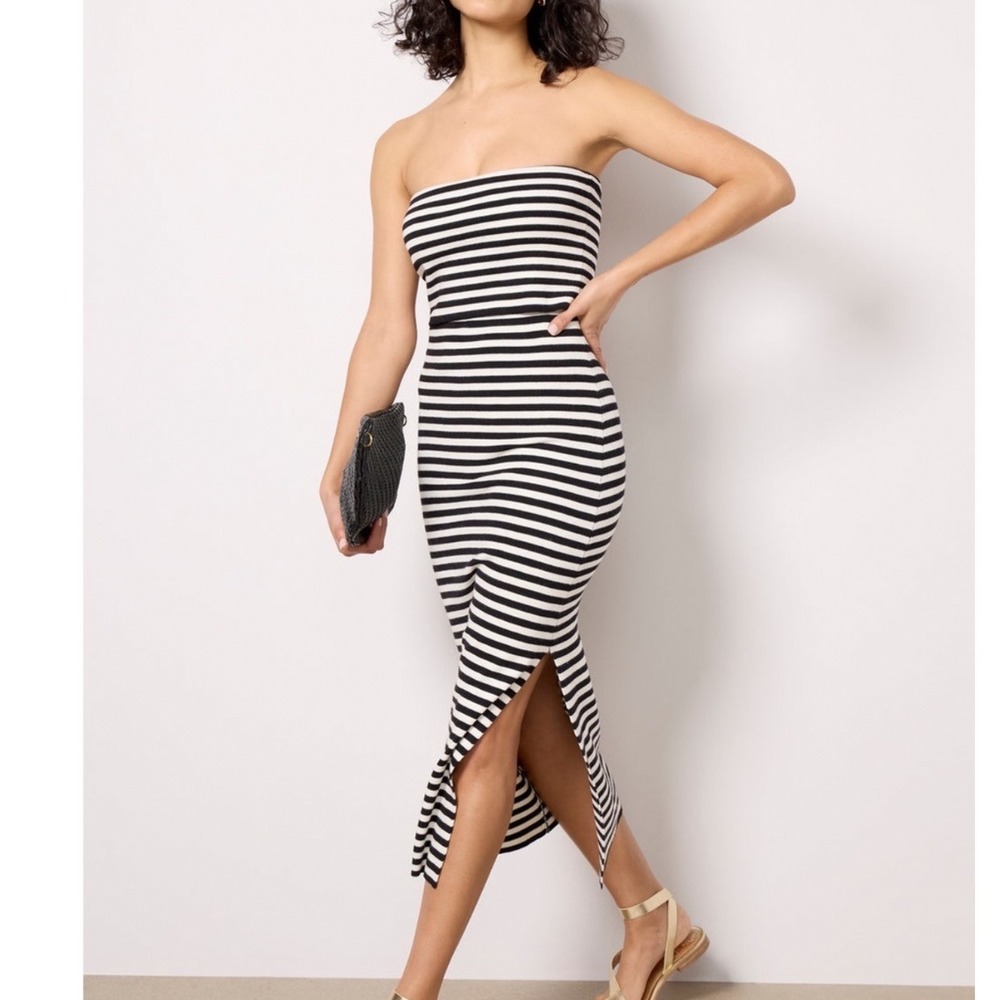 Evereve Jane Black White Striped Strapless Ribbed Midi Dress XS